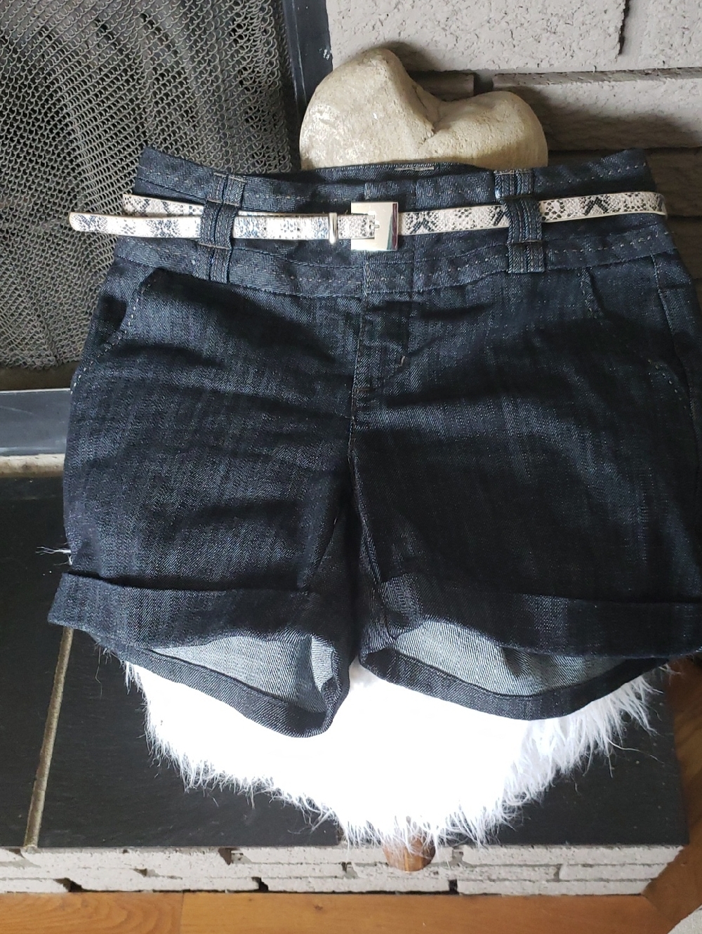 Blue Denim Rolled-Hem Shorts with Snake-Print Belt